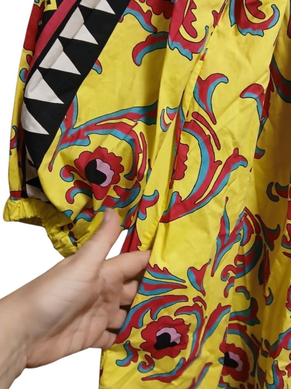 La DoubleJ Paloma Dress – Cherry Paisley & Mod Geo Print Off-Shoulder Shift XS-L - Picture 8 of 10